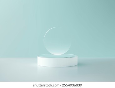 Modern 3D showcasing a glass circle on a white podium against a soft blue background. Perfect for product mockups, branding visuals, and minimalist artistic displays