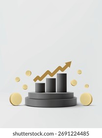 modern 3d showing a dark gray stepped bar chart with a golden upward arrow and scattered coins, symbolizing business growth, investment success, and financial progress