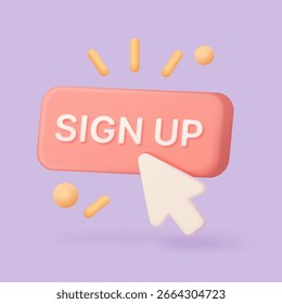 Modern 3d sign up button with cursor and decorative elements for website registration, user interface, or marketing call-to-action on a purple background vector illustration