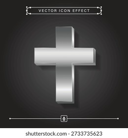 Modern 3d silver cross icon with metallic vector effect for Christian and Catholic religious design