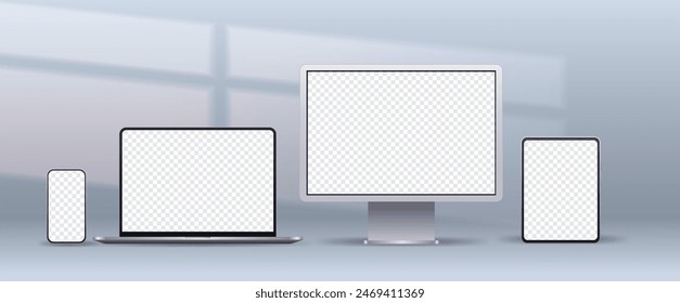 Modern 3D silver gadgets set with empty screen on gray background. Vector realistic devises over elegant wall