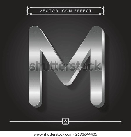 Modern 3d silver letter M icon with metallic vector steel effect and abstract human eye design
