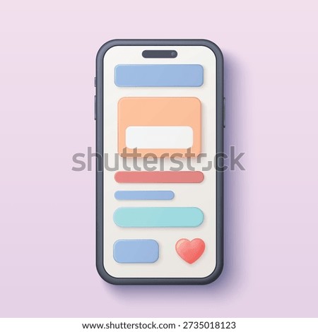 Modern 3d smartphone screen with colorful app interface elements, buttons and heart icon for mobile ui design, ux wireframe, social media or messaging concept vector illustration
