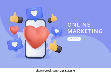 Modern 3D social marketing website template. Business marketing online advertising, banner design. Smartphone with like red heart and thumb up. SMM platform, 3D vector illustration. Communication app