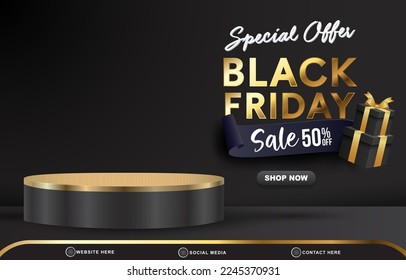 moderno 3d especial oferta de venta de viernes negro banner de plantilla de descuento con espacio en blanco 3d podio para la venta de productos con diseño de fondo negro y dorado gradiente abstracto