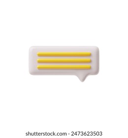 Modern 3D speech bubble icon with three horizontal yellow lines on a white rounded rectangle base. Vector illustration perfect for chat interfaces.