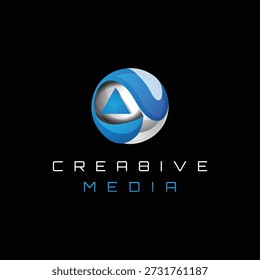 Modern 3D Sphere Logo for "CREA8IVE MEDIA" with Blue Fluid Wraps and Metallic Accents