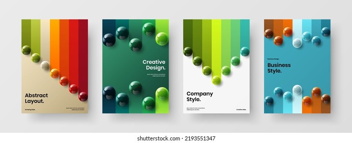 Modern 3D spheres leaflet illustration set. Geometric pamphlet A4 vector design concept collection.