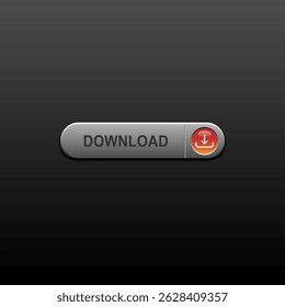 Modern 3D style download button with a red icon and metallic design on a dark gradient background, vector illustration