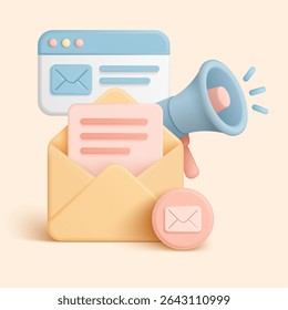 O envelope, o megafone e a janela de e-mail modernos em estilo 3D simbolizam o marketing digital, a promoção de boletins informativos e a comunicação on-line em uma ilustração vetorial de fundo isolada