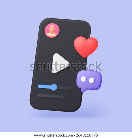 Modern 3D style smartphone screen with play button, heart, chat bubble and user avatar perfect for social media, video content, engagement concepts vector illustration