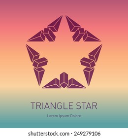 Modern 3D stylish logo on blurred background. Design element with squares, triangles and rhombus. Vector logotype template made of parallelepipeds and prisms.