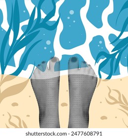 Collage de semitonos de verano 3D moderno. Concepto de verano con pies de medio tono y playa de mar. Estética del día soleado del Surf Club. La Ilustración vectorial de la nostalgia puede utilizar el Web y el Anuncio de los medios sociales. EPS 10