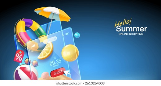 Modern 3D Summer Online Shopping Banner with Smartphone and Beach Elements, Creative Sale Promotion Concept for Mobile App