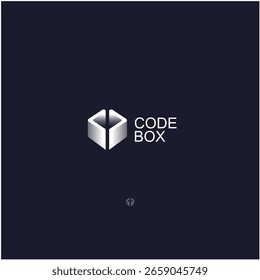 Modern 3D tech logo design featuring a sleek, abstract box shape with a central split, symbolizing a code container, software platform, or digital framework. The clean geometry and metallic gradient g