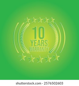 Modern 3D Ten year Warranty royalty free green background with ribbon star badges