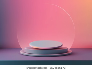 modern 3D three tiered podium in shades of grey and pink with a large translucent circle against a vibrant gradient background, ideal for product showcase, award ceremonies, or stylish mockups