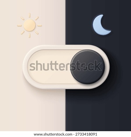 Modern 3D toggle switch showing day and night mode, with sun and moon icons, representing dark mode user interface concept vector illustration