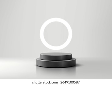 Modern 3D two stacked black cylindrical podiums on a reflective floor with a glowing white ring against a light grey wall, perfect for product display, mockup, or showroom