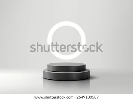 Modern 3D two stacked black cylindrical podiums on a reflective floor with a glowing white ring against a light grey wall, perfect for product display, mockup, or showroom
