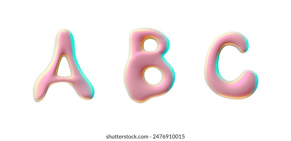 Modern 3D typography with a set of pink shiny letters A,B,C, made in a glossy style with a holographic gradient. A vector elements for futuristic design.