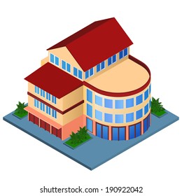 Modern 3d urban building with architectural elements isometric isolated vector illustration.
