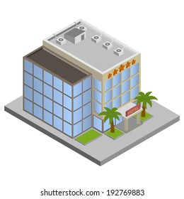 Modern 3d urban hotel building with palms isometric isolated vector illustration.