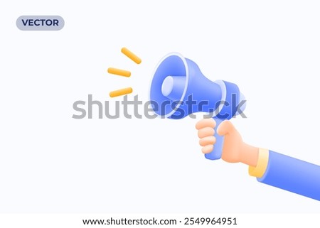 Modern 3D vector graphic of a hand holding a blue megaphone. advertising, announcements, branding visuals, digital promotions, and marketing