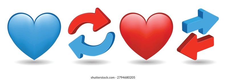 Modern 3D vector icon set featuring social media interaction symbols including like hearts and share arrows in blue and red variations. Glossy design representing engagement, favorites, reactions, sharing, communication, networking, and digital interaction. Suitable for mobile apps, web interfaces, social platforms, UI design, marketing materials, and online communication projects.