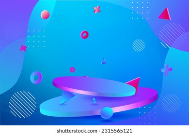 Ilustración moderna de vectores 3D de una escena de plataforma peatonal redonda azul para promoción de lujosas salas de exposición, plantilla de cibermatismo, luces de neón y formas geométricas