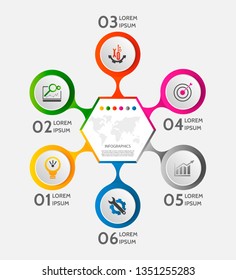 Modern 3D vector illustration. Circles infographic template with six elements, icons. Timeline designed for business, presentations, web design, applications, interfaces, diagrams with 6 steps