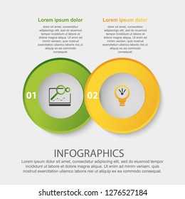 Modern 3D vector illustration. Circular infographic template with two elements. Icons and text. Designed for business, presentations, web design, applications, interfaces, diagrams with 2 steps.