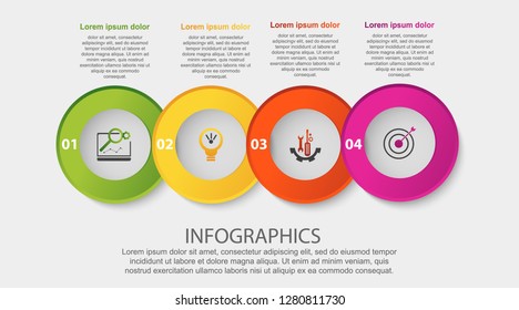 Modern 3D vector illustration. Circular infographic template with four elements. Icons and text. Designed for business, presentations, web design, applications, interfaces, diagrams with 4 steps.