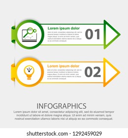 Modern 3D vector illustration. Circular step lable infographic template with two elements and arrows. Contains icons and text. Designed for business, presentations, workflow layout, 2-step diagrams.