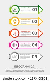 Modern 3D vector illustration. Circular step lable infographic template with five elements and arrows. Contains icons and text. Designed for business, presentations, workflow layout, 5-step diagrams.