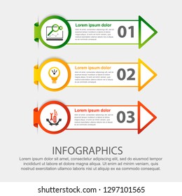 Modern 3D vector illustration. Circular step lable infographic template with three elements and arrows. Contains icons and text. Designed for business, presentations, workflow layout, 3-step diagrams.