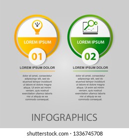 Modern 3D vector illustration. Circular infographic template with two elements. Icons and text. Designed for business, presentations, web design, applications, interfaces, diagrams with 2 steps