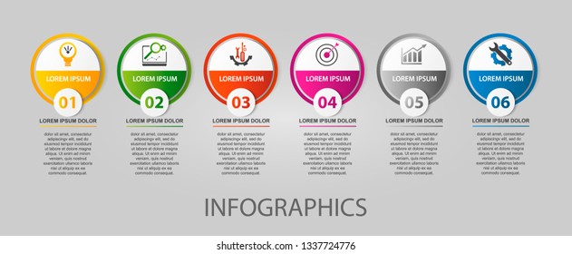 Modern 3D vector illustration. Circular infographic template with six elements. Icons and text. Designed for business, presentations, web design, applications, interfaces, diagrams with 6 steps.
