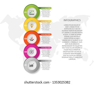 Modern 3D vector illustration. Circular infographic template with five elements. Icons and text. Designed for business, presentations, web design, applications, interfaces, diagrams with 5 steps