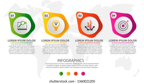 Modern 3D vector illustration. Circular infographic template with four elements. Icons and text. Designed for business, presentations, web design, applications, interfaces, diagrams with 4 steps