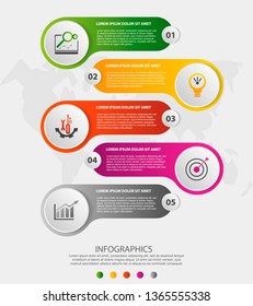Modern 3D vector illustration. Circular infographic template with five elements and icons. Timeline designed for business, presentations, web design, applications, interfaces, diagrams with 5 steps