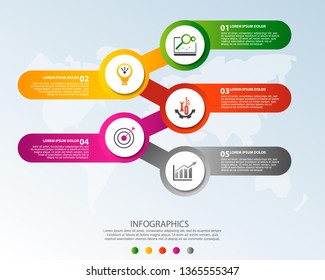 Modern 3D vector illustration. Circular infographic template with five elements and icons. Timeline designed for business, presentations, web design, applications, interfaces, diagrams with 5 steps