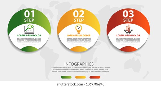 Modern 3D vector illustration. Circular infographic template with three elements. Icons and text. Designed for business, presentations, web design, applications, interfaces, diagrams with 3 steps.