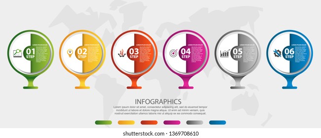 Modern 3D vector illustration. Circular infographic template with six elements. Icons and text. Designed for business, presentations, web design, applications, interfaces, diagrams with 6 steps.