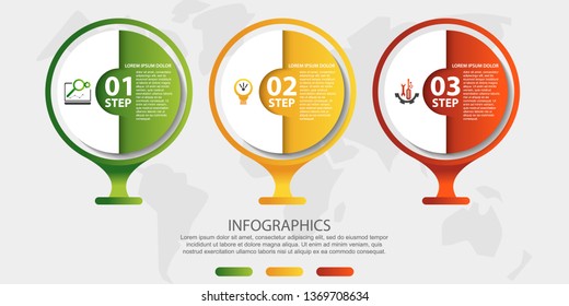 Modern 3D vector illustration. Circular infographic template with three elements. Icons and text. Designed for business, presentations, web design, applications, interfaces, diagrams with 3 steps