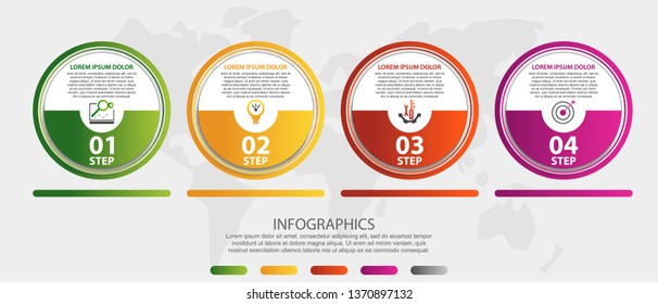 Modern 3D vector illustration. Circular infographic template with four elements. Icons and text. Designed for business, presentations, web design, applications, interfaces, diagrams with 4 steps