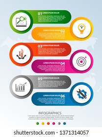 Modern 3D vector illustration. Circular infographic template with six elements and icons. Timeline designed for business, presentations, web design, applications, interfaces, diagrams with 6 steps