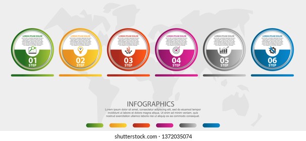 Modern 3D vector illustration. Circular infographic template with six elements. Icons and text. Designed for business, presentations, web design, applications, interfaces, diagrams with 6 steps.