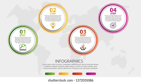 Modern 3D vector illustration. Circular infographic template with four elements. Icons and text. Designed for business, presentations, web design, applications, interfaces, diagrams with 4 steps.