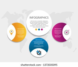 Modern 3D vector illustration. Circular infographic template with three elements. Icons and text. Designed for business, presentations, web design, applications, interfaces, diagrams with 3 steps.